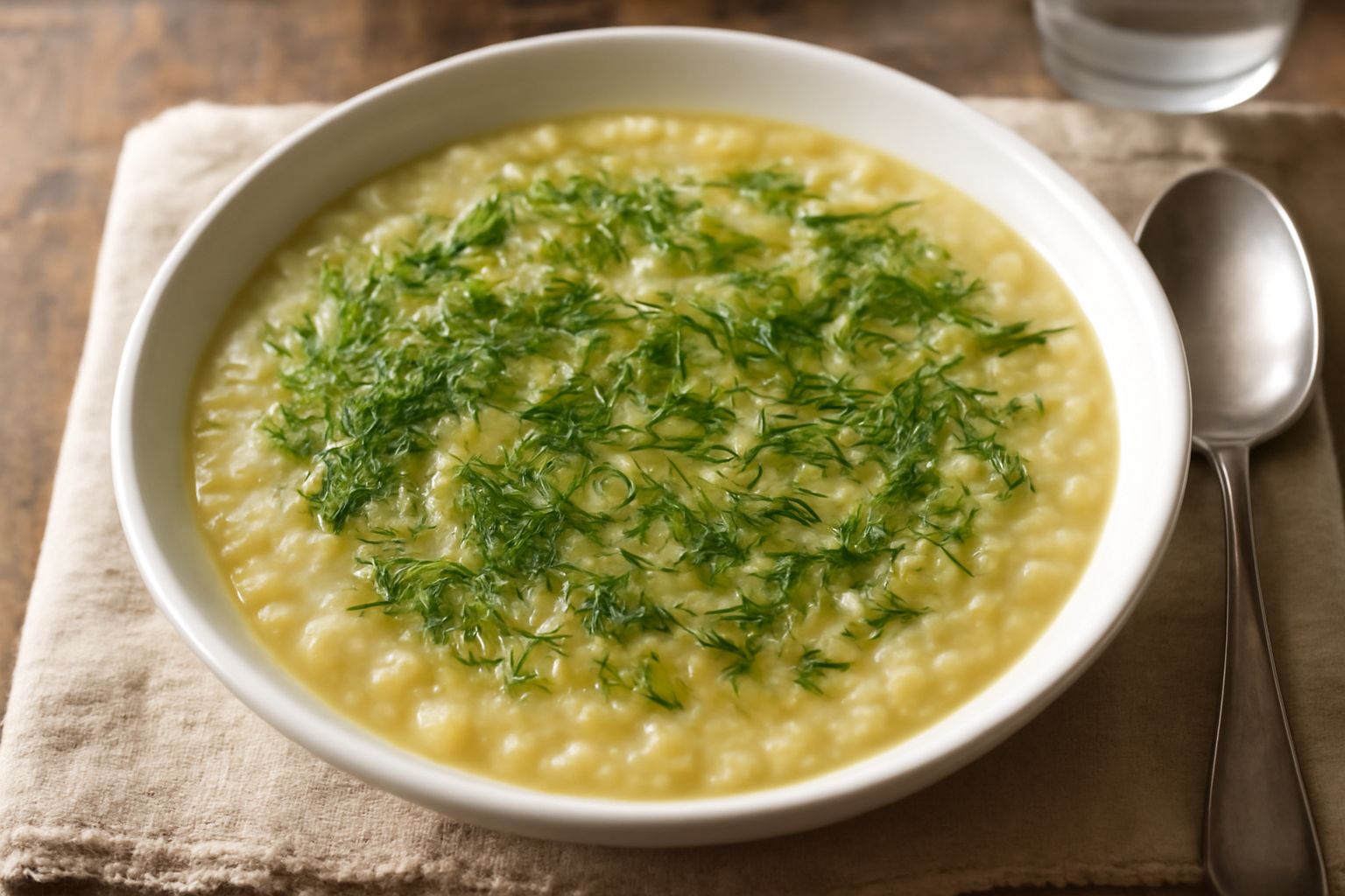 Ciotola di ceramica bianca con minestra di fave giallo pallido, finocchietto verde scuro in superficie, filo di olio verde oliva, pane tostato a parte su tavolo di legno chiaro