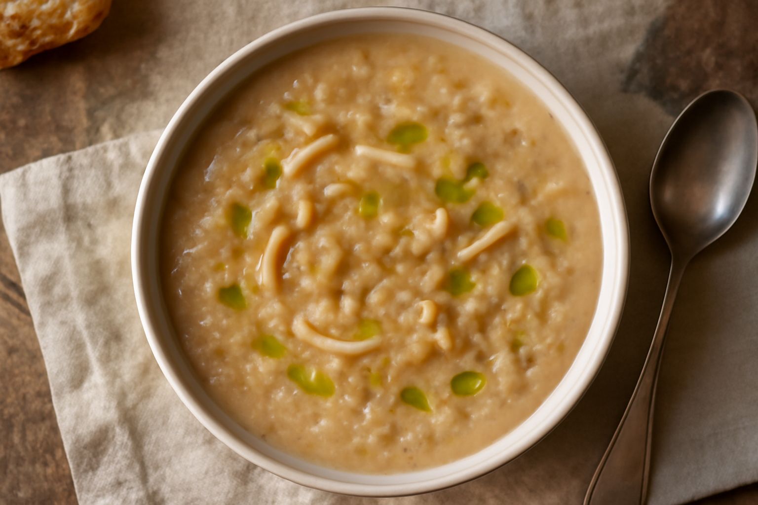 Minestra di favata in ciotola bianca, colore beige-avorio, fave disgregate e filamenti di pasta, condita con olio verde, pezzetti di verdure scure, cucchiaio dentro il brodo fumante