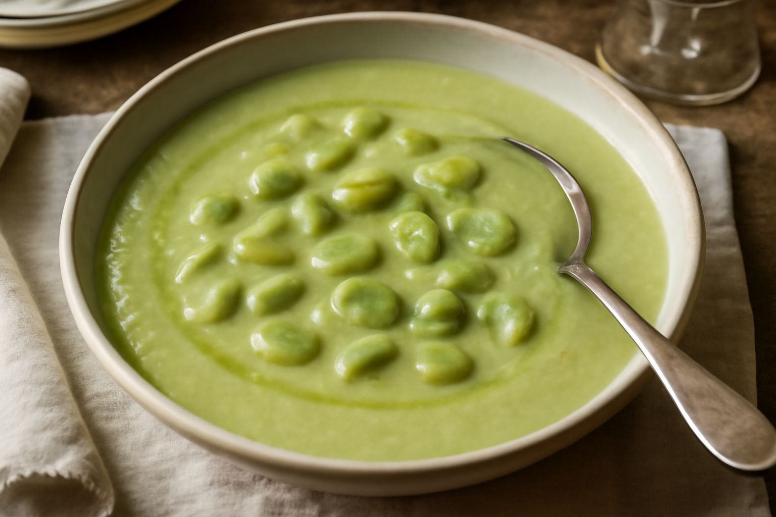 Minestra di fave in ciotola di ceramica bianca, colore verde pallido uniforme, fave integre e sfaldabili visibili in superficie, filo di olio extravergine, pane tostato sul bordo del piatto