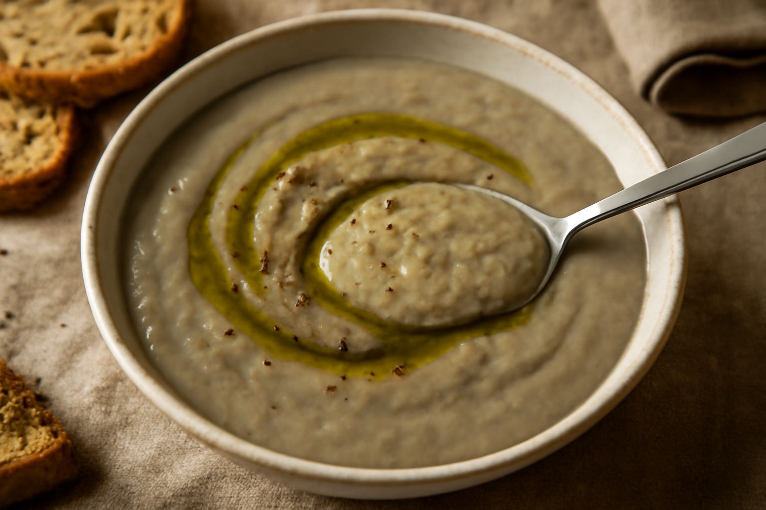 Ciotola di ceramica bianca con minestra di fave secche cremosa color tortora, olio verde oliva al centro, fette di pane tostato ai bordi, su tavolo di legno