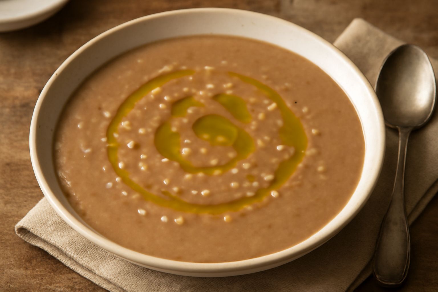 Una ciotola bianca colma di minestra di favetta cremosa color marrone chiaro con granelli di pasta piccola, guarnita con un filo d'olio verde e prezzemolo fresco