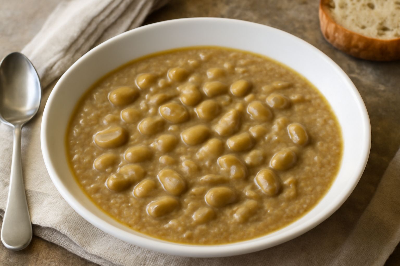 Minestra di favette in ciotola bianca, colore beige-marrone cremoso con fave gialle visibili, goccia d'olio verde sulla superficie, servita con pane tostato accanto