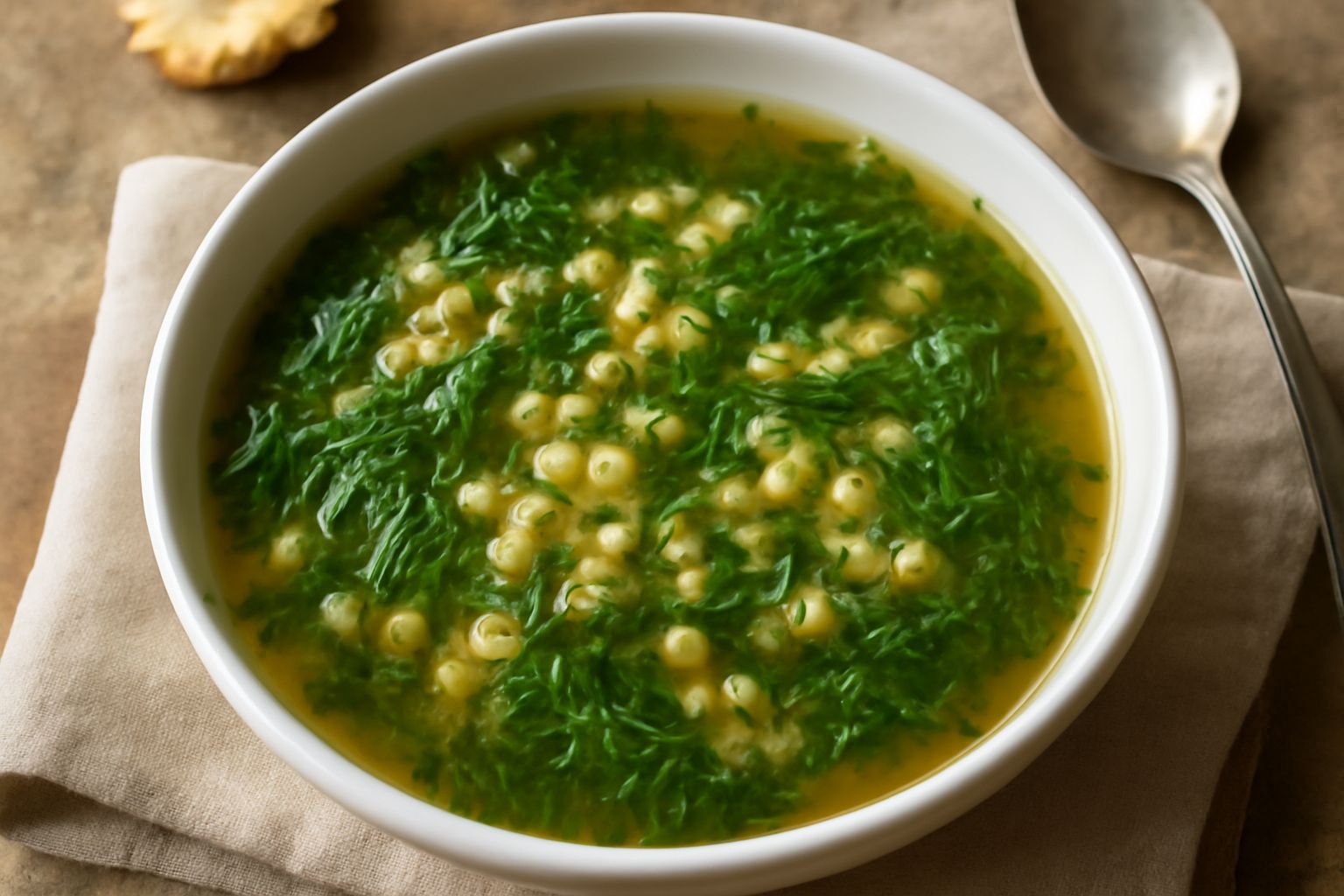 Minestra di finocchietto selvatico in ciotola bianca, brodo trasparente, foglie verdi delicate di finocchietto, pasta piccola, gocce di olio d'oliva in superficie, fondo di tavolo in legno naturale