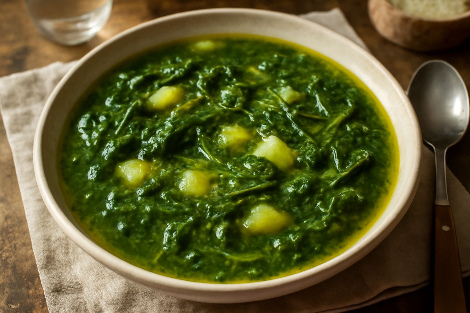 Ciotola di minestra di foglie di rapa con foglie verdi tenere immerse in brodo cremoso, patate tagliate in cubetti bianchi, filo d'olio verde oliva in superficie, servita in piatto bianco fondo su tav