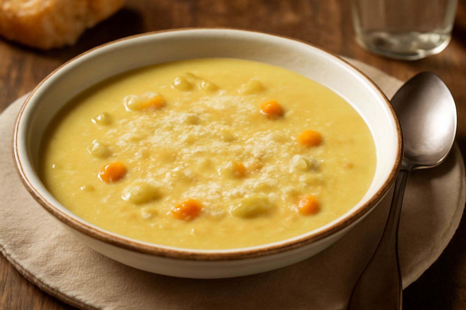 Ciotola di ceramica bianca con minestra di formenton cremosa color giallo panna, con pezzi di verdure morbide visibili in superficie, accompagnata da cucchiaio di legno
