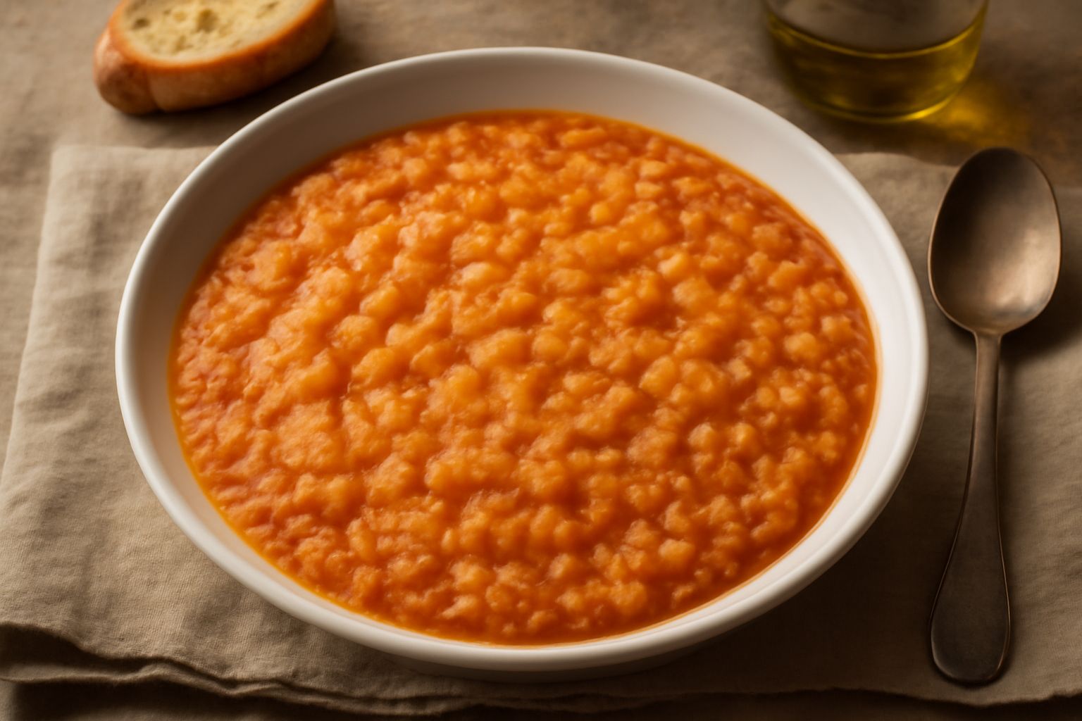 Minestra di fregola in ciotola bianca con brodo cremoso di colore arancione-rosso, grani di pasta visibili e cipolla verde, poggiata su un tavolo di legno con pane tostato accanto