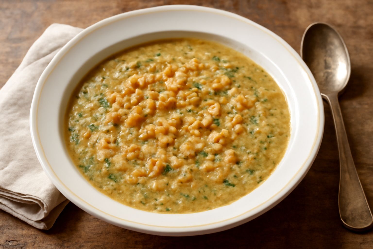 Una ciotola di minestra di fregolotta con pasta sbriciolata giallo oro, brodo trasparente, verdure verdi e arancioni sparse, gocce di olio in superficie, cucchiaio di legno dentro