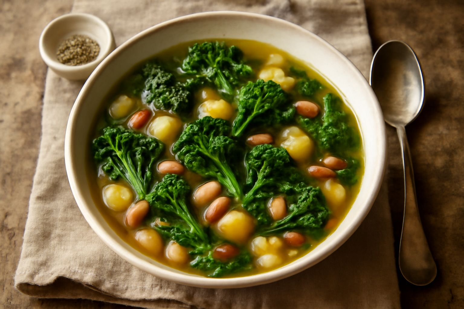 Minestra di friarielli in ciotola bianca, con friarielli verdi intensi, patate gialle, fagioli bianchi e rossi, brodo trasparente ambrato, cucchiaio di legno appoggato sul bordo