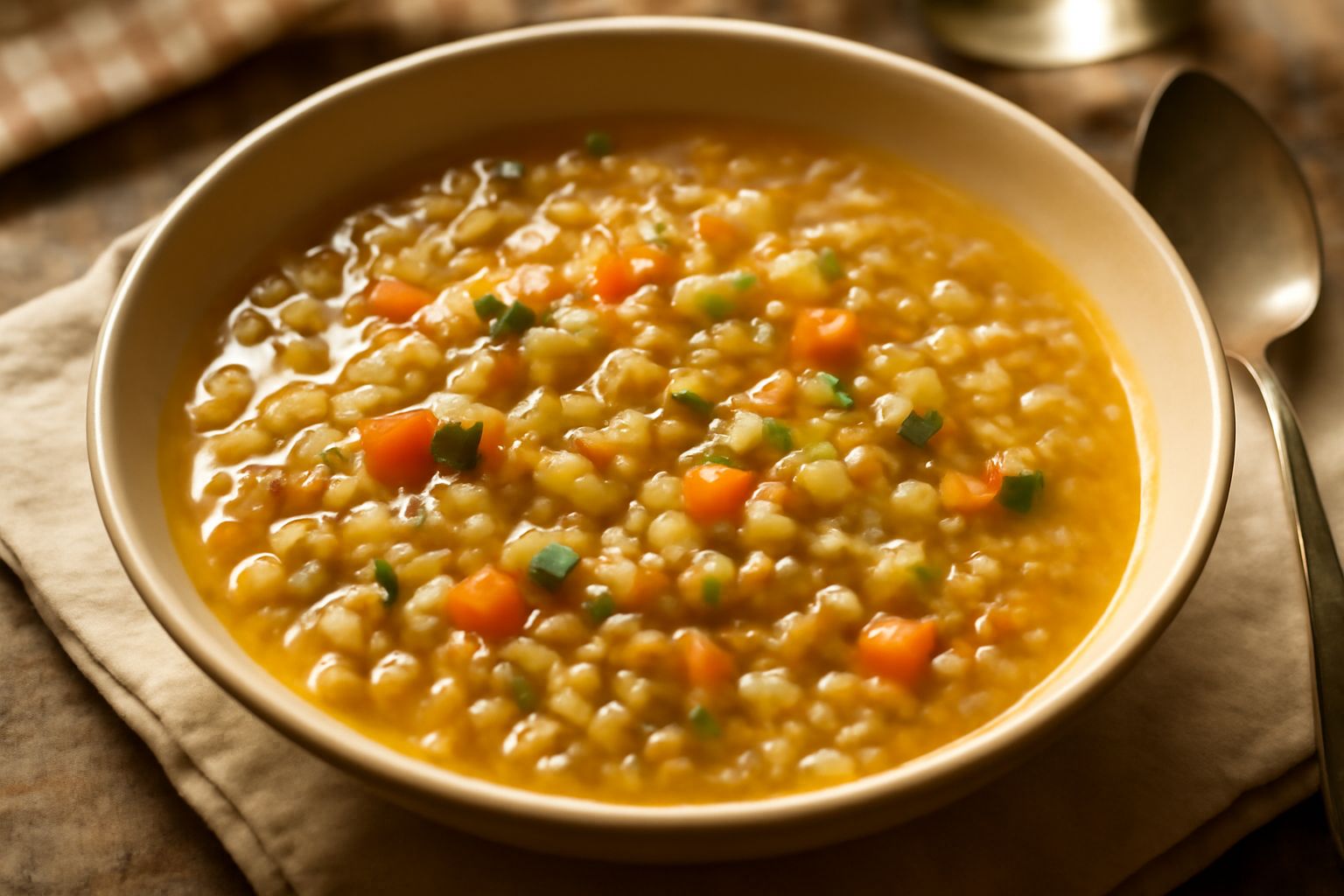Minestra di frumento in ciotola bianca con grani visibili, verdure tagliate a dadini, brodo trasparente e filo di olio extravergine sulla superficie