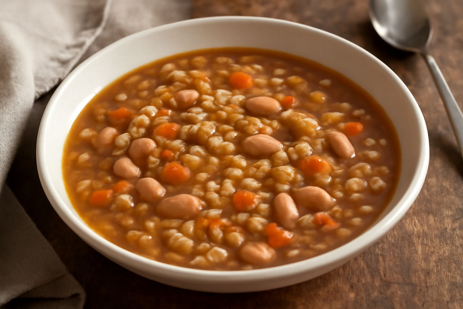 Ciotola di minestra di frumento e legumi fumante, con chicchi di grano gonfi, fagioli rossi e bianchi visibili nel brodo trasparente ambrato, guarnita con prezzemolo fresco e un filo di olio extraverg