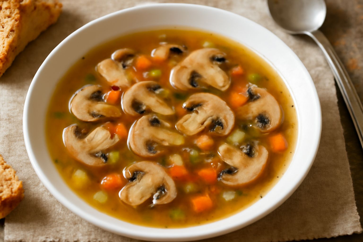 Ciotola di ceramica bianca con minestra di funghi fumante, funghi champignon e porcini visibili nel brodo, sedano e carota tritati, filo d'olio crudo, cucchiaio di legno sul piatto