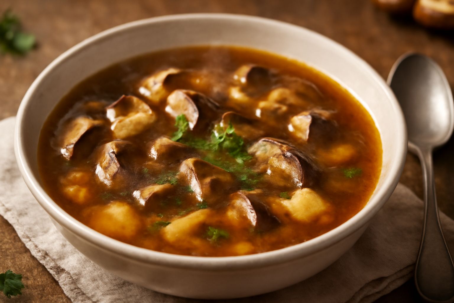 Ciotola di minestra di funghi porcini con brodo color ambrato, fette di fungo visibili, crostini dorati ai bordi, vapore che sale, cucchiaio di legno dentro