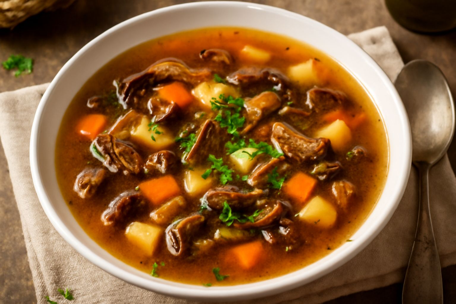 Una ciotola di ceramica bianca piena di minestra di funghi: brodo ambrato, pezzi di fungo marrone scuro, piccoli dadini di verdure colorate, un filo di olio d'oliva in superficie, accompagnata da pane