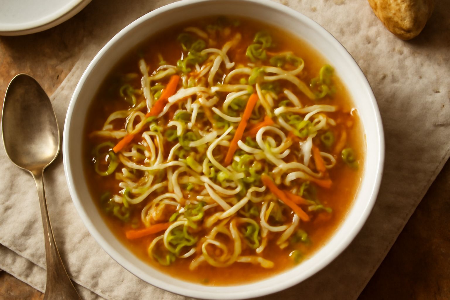 Minestra di germogli servita in una ciotola di ceramica bianca: brodo trasparente con germogli di soia bianchi e verdi, petali di carota, cipolline affettate, fette sottili di zenzero fresco in sospen