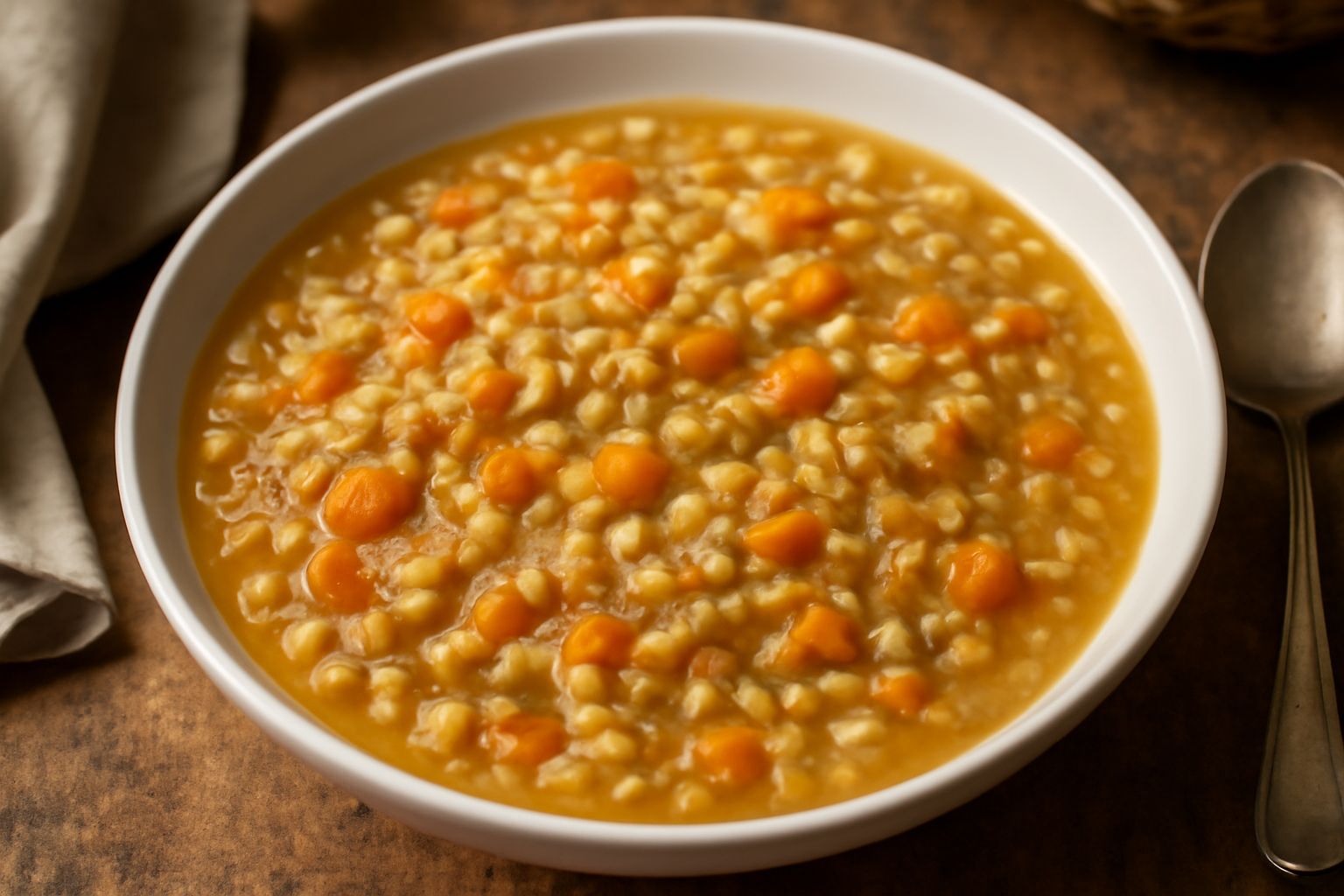 Ciotola di ceramica bianca con minestra di grano calda, chicchi gonfi e visibili in brodo chiaro leggermente denso, guarnita con prezzemolo verde fresco, cucchiaio di legno nel piatto