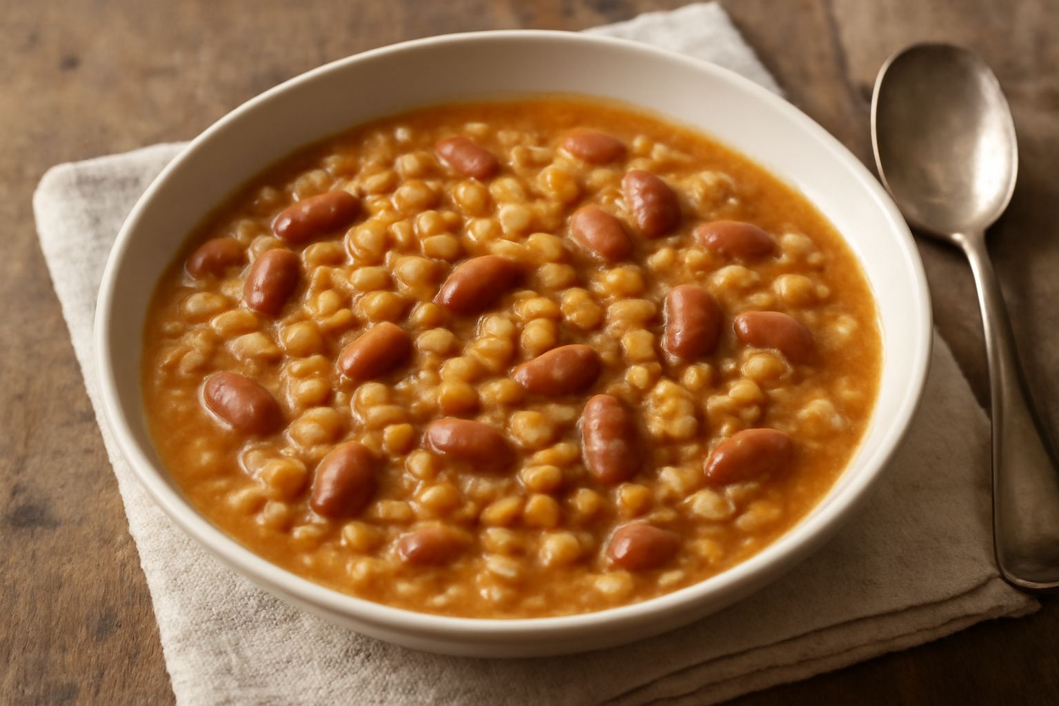 Minestra di grano e fagioli in ciotola bianca, con grani di frumento interi e fagioli rossi o bianchi in brodo trasparente, foglia di prezzemolo verde scuro sul bordo, cucchiaio di legno accanto