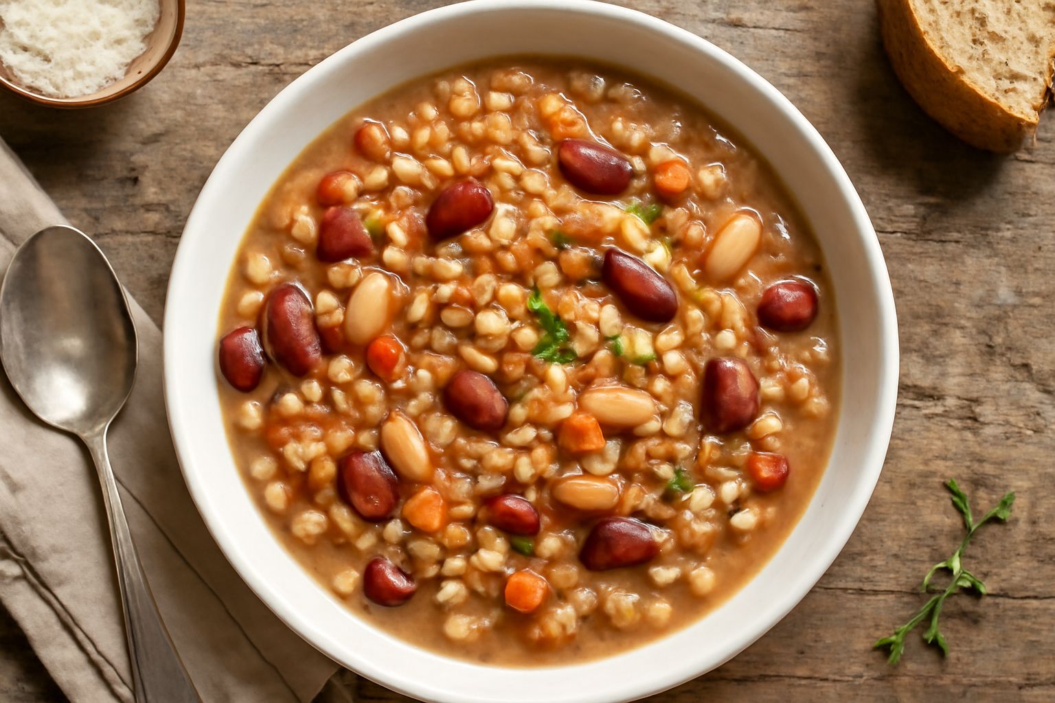 Una ciotola di ceramica bianca con minestra densa: chicchi di grano gonfi, fagioli rossi e bianchi, dadini di carota e sedano in brodo leggermente opalescente, condita con filo d'olio e prezzemolo fre