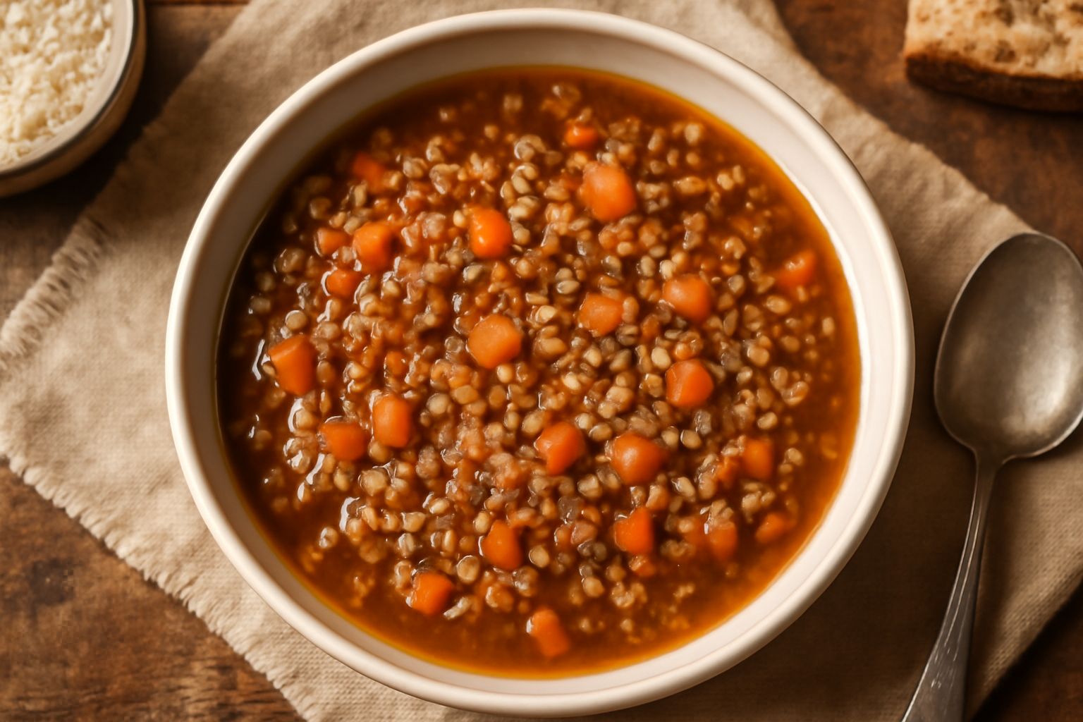 Minestra di grano saraceno servita in una ciotola bianca, con chicchi visibili nel brodo dorato, guarnita con un filo di olio e prezzemolo fresco, con fetta di pane scuro di lato
