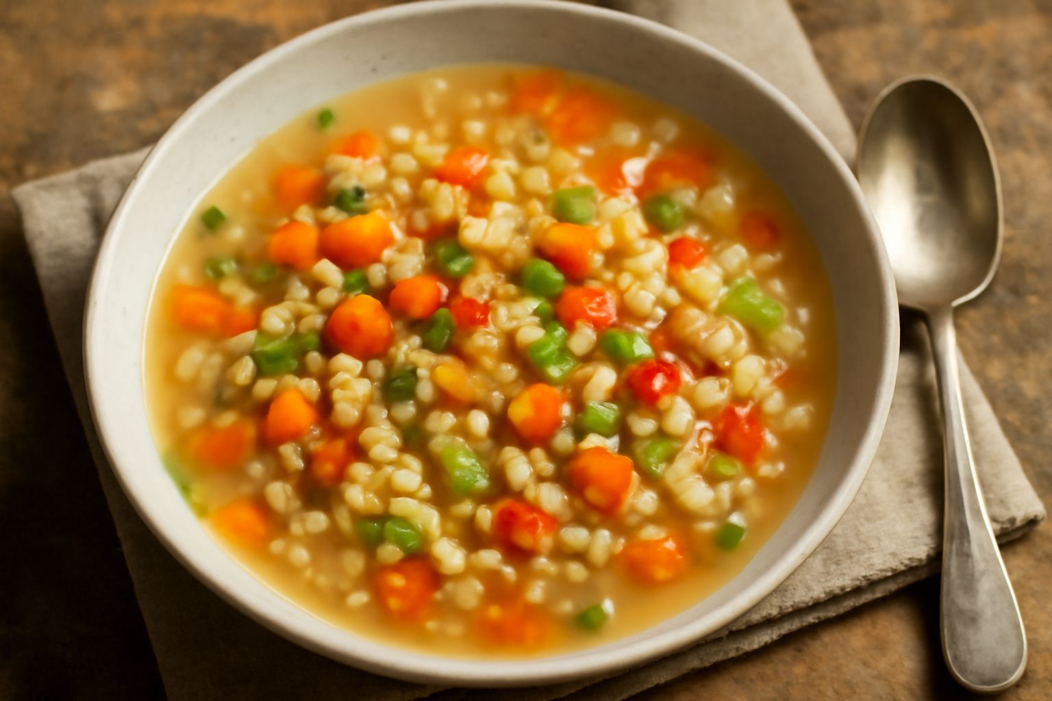 Minestra di grano spezzato in ciotola bianca: brodo trasparente giallastro con chicchi di grano visibili, cubetti di carota arancione, sedano verde, pomodoro rosso, prezzemolo fresco sopra, cucchiaio 