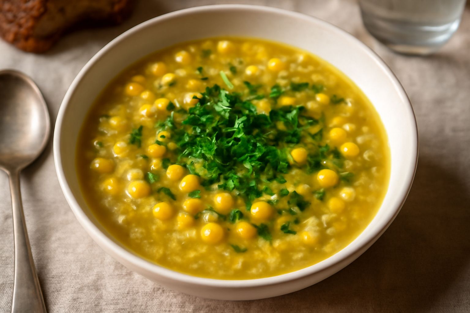 Ciotola di ceramica bianca con minestra di granoturco: chicchi di mais gialli galleggiano in brodo trasparente, guarnita con prezzemolo verde e pepe macinato fresco, accompagnata da un cucchiaio di me