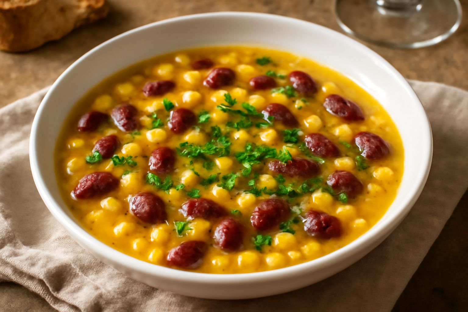Ciotola di ceramica bianca con minestra di granoturco giallo e fagioli rossi in brodo trasparente, condita con olio verde, un giro di pepe nero e una foglia di prezzemolo fresco sul bordo