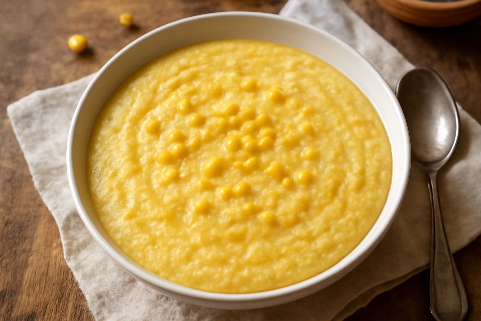 Minestra di granturco in ciotola bianca, colore giallo dorato cremoso, con granelli di mais visibili, una cucchiaiata in primo piano, pane tostato ai margini, tavolo rustico