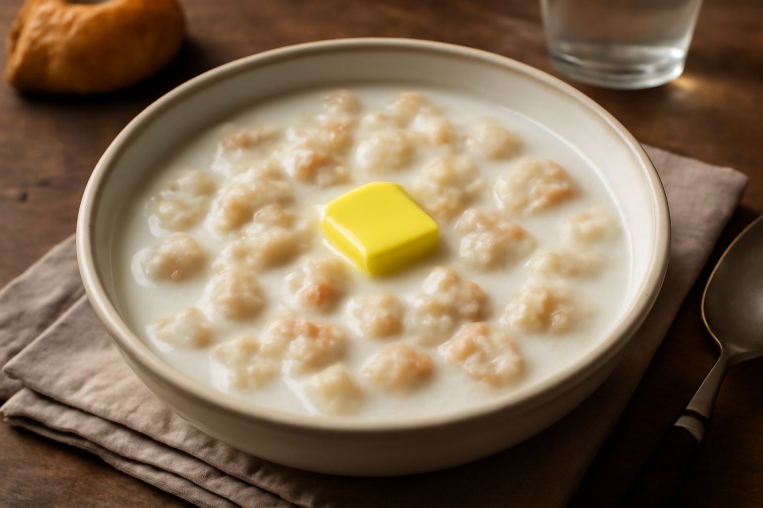 Ciotola di minestra di latte e pane color bianco crema con pezzi di pane ammorbiditi, guarnita con fettina di burro che galleggia in superficie, servita in ciotola di ceramica bianca profonda