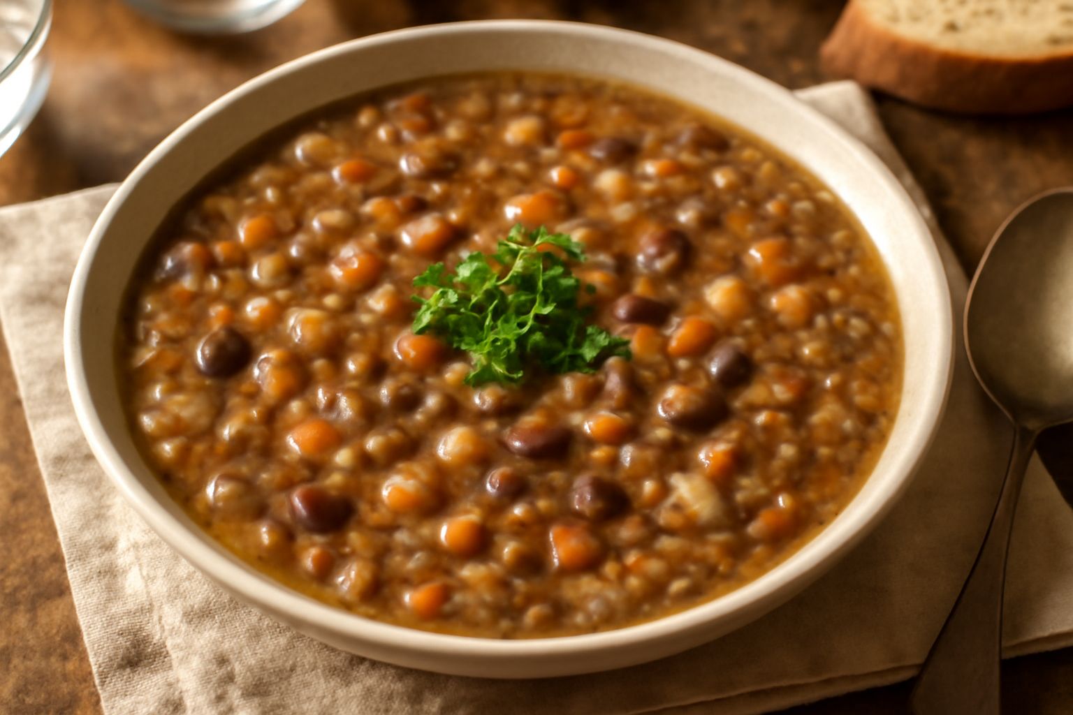 Una ciotola di minestra di legumi con fagioli, lenticchie e ceci in brodo chiaro, guarnita con prezzemolo fresco, con un cucchiaio di legno nel piatto su sfondo bianco