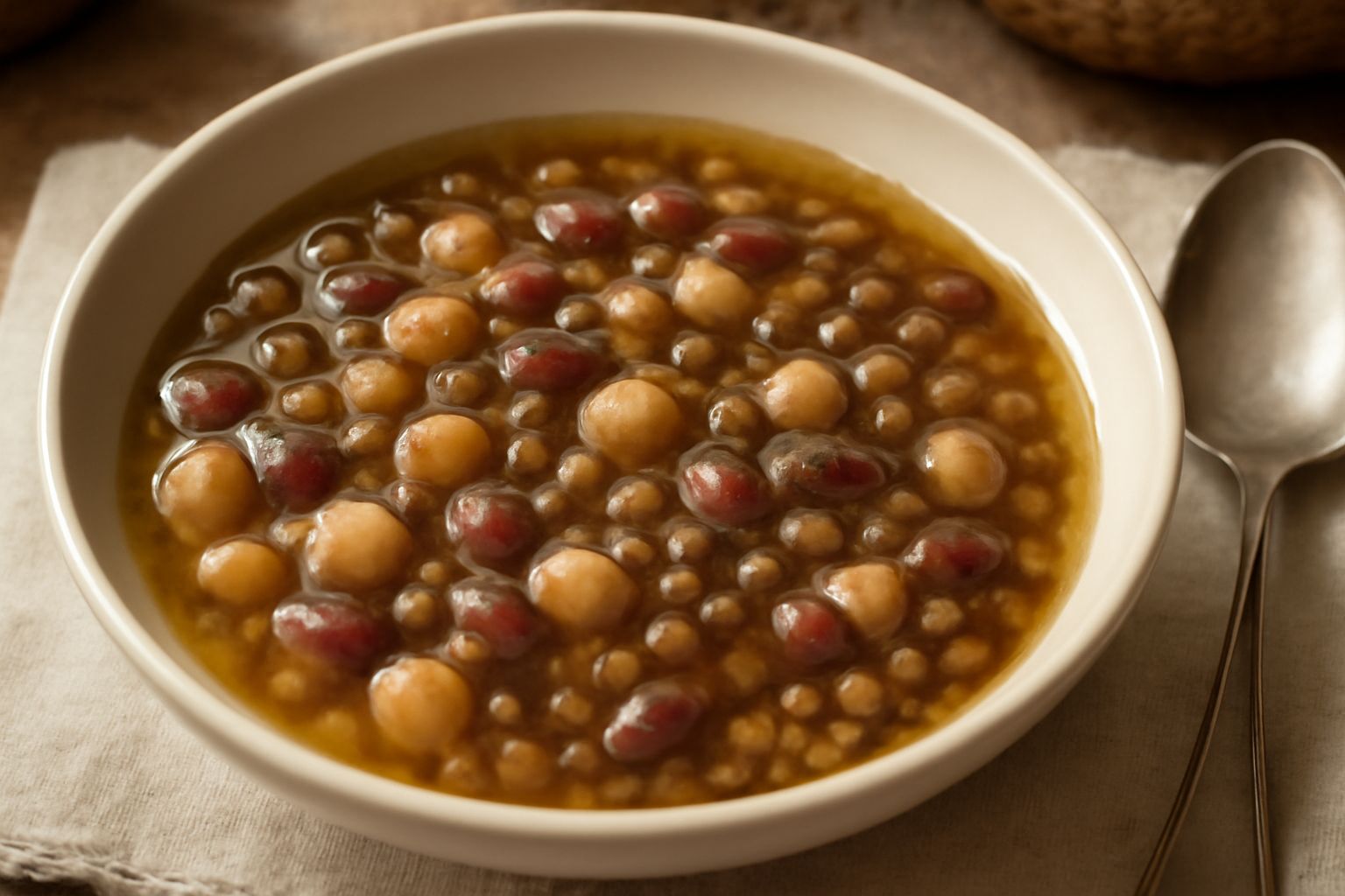 Minestra di legumi misti in ciotola di ceramica bianca con brodo trasparente ambrato, visibili ceci tondeggianti color crema, fagioli rossi e lenticchie marroni sparse, foglia di prezzemolo fresco ver