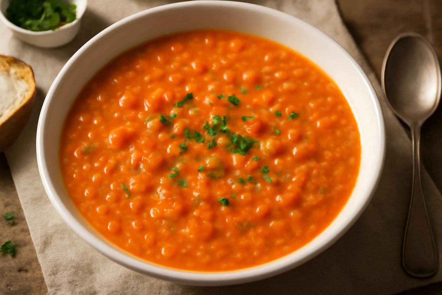 Minestra di lenticchie rosse in ciotola bianca, cremosa e brodo visibile, condita con un filo d'olio, pezzetti di carota e sedano, vapore leggero, cucchiaio di legno nel piatto