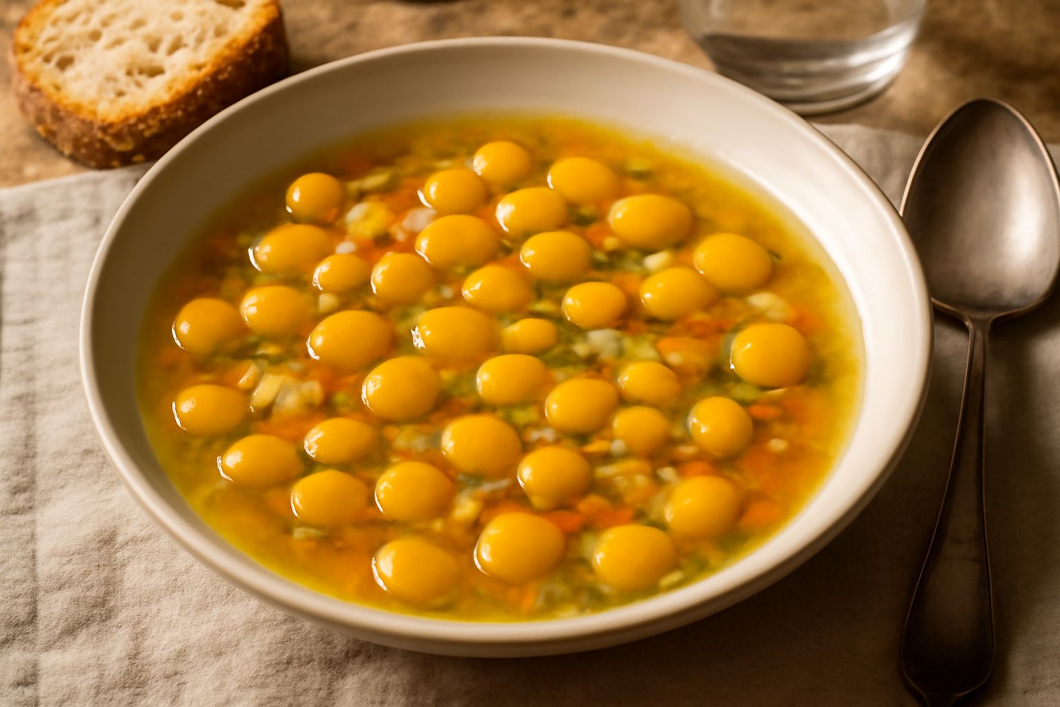 Ciotola di ceramica bianca con minestra di lupini gialli in brodo trasparente, foglia di rosmarino fresco sulla superficie, pane toscano in fette sullo sfondo