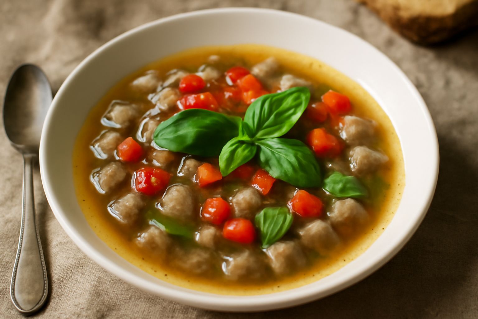 Ciotola bianca con minestra di melanzana: melanzane grigie e tenere galleggiano in brodo trasparente color oro, con foglioline di basilico verde brillante sparse in superficie e filo di olio d'oliva