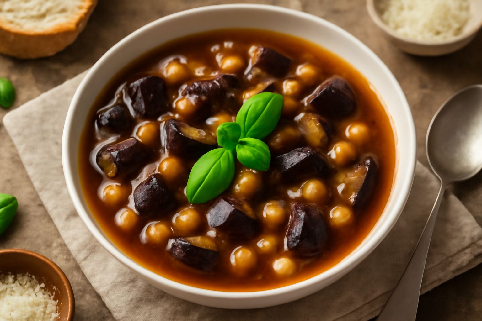 Minestra di melanzane e ceci in ciotola bianca: brodo trasparente, pezzi di melanzana scura e morbida, ceci interi color beige, ciliegia di pomodoro rosso e basilico fresco sopra, servita su tavolo ru