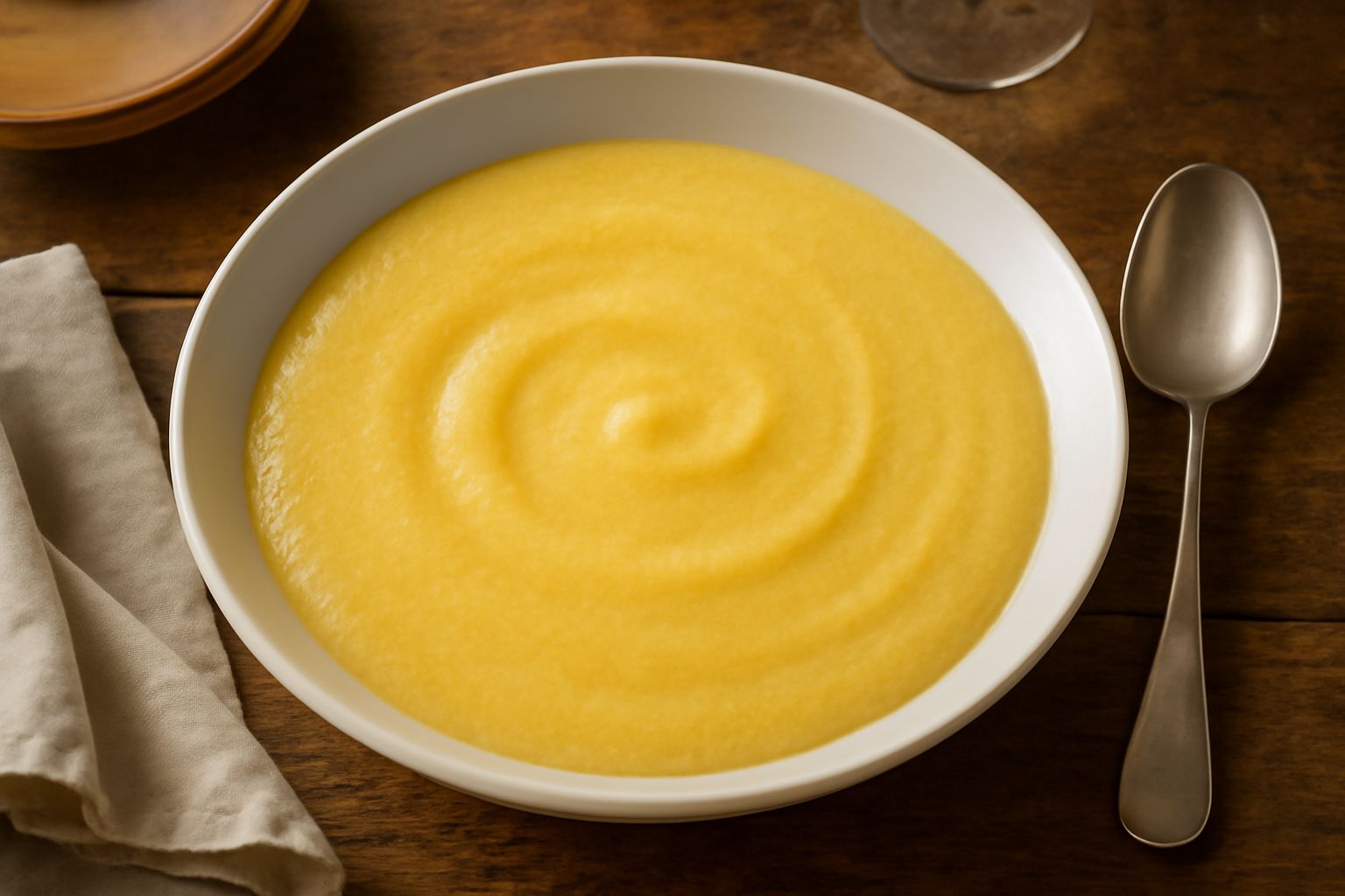 Una ciotola di minestra di melga color nocciola chiaro, densa ma fluida, con un'ondulazione in superficie, un filo d'olio d'oliva verde scuro sul bordo, decorata con basilico fresco e servita con cucc