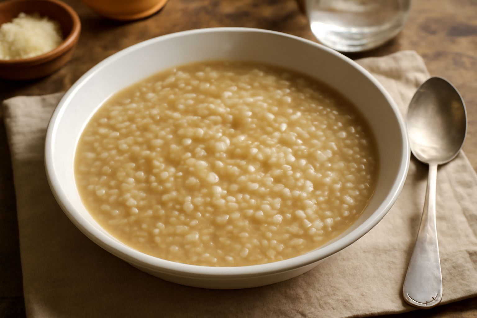 Minestra di miglio servita in ciotola bianca, con chicchi visibili immersi in brodo trasparente, vapore leggero, decorata con prezzemolo fresco verde e olio d'oliva dorato