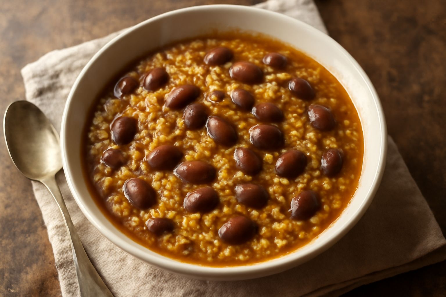Una minestra fumante in una ciotola bianca, con chicchi di miglio visibili nel brodo, fagioli scuri sparsi in superficie, condita con olio extravergine d'oliva e un filo di prezzemolo fresco tritato