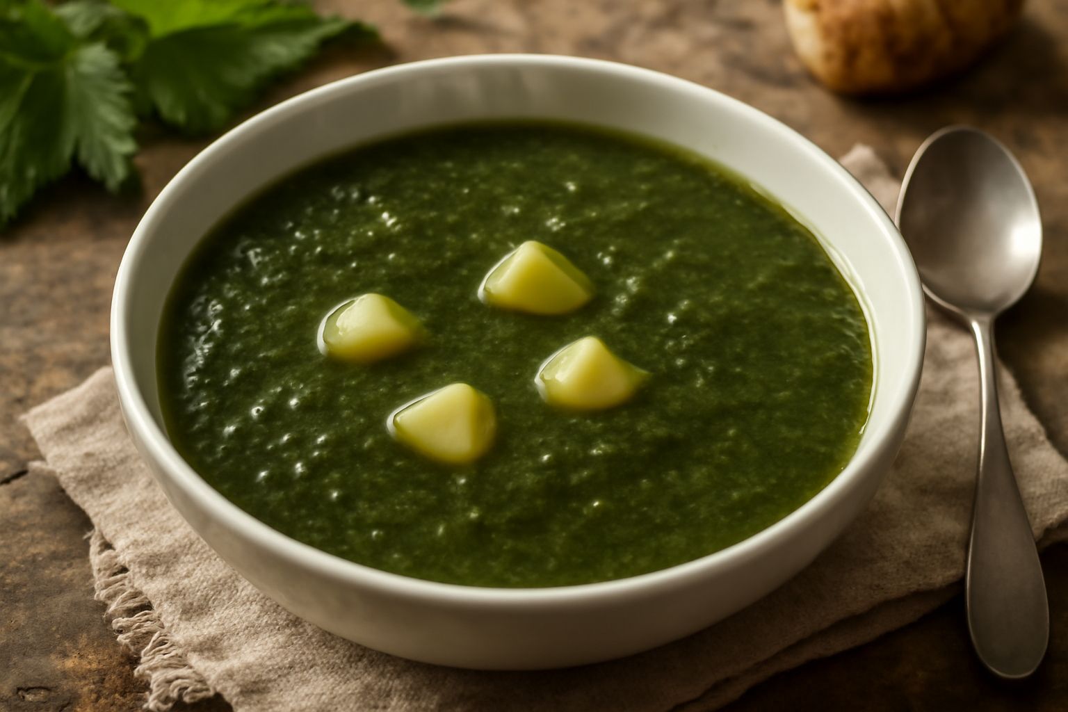 Ciotola di minestra verde con pezzetti di patata bianca, superficie cremosa, guarnita con parmigiano grattugiato e filo di olio d'oliva, su tavolo di legno con cucchiaio
