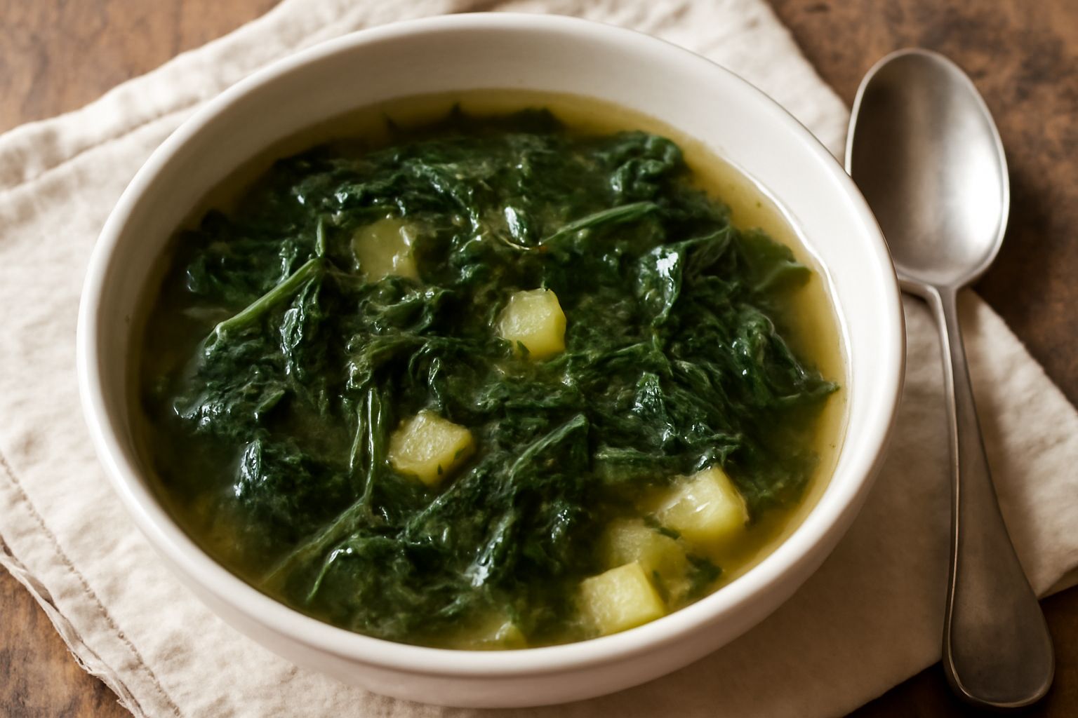 Minestra di ortiche in una ciotola di ceramica bianca, con brodo trasparente, patate morbide tagliate a dadini, foglie di ortica verde intenso, gocce di olio d'oliva in superficie, accompagnata da pan