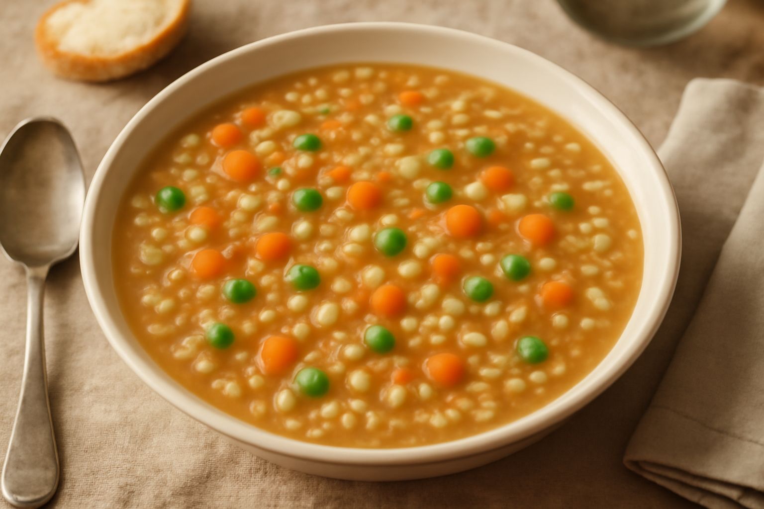 Ciotola di minestra di orzata cremosa con orzo visibile, piselli verdi, carote tagliate, prezzemolo fresco in superficie, brodo trasparente e fumante, servita in piatto bianco fondo profondo.