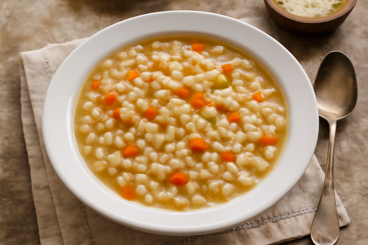 Ciotola di ceramica bianca piena di minestra di orzo: chicchi dorati e opachi di orzo perlato immersi in brodo trasparente, pezzi visibili di carota arancione e sedano pallido, superficie fumante, cuc