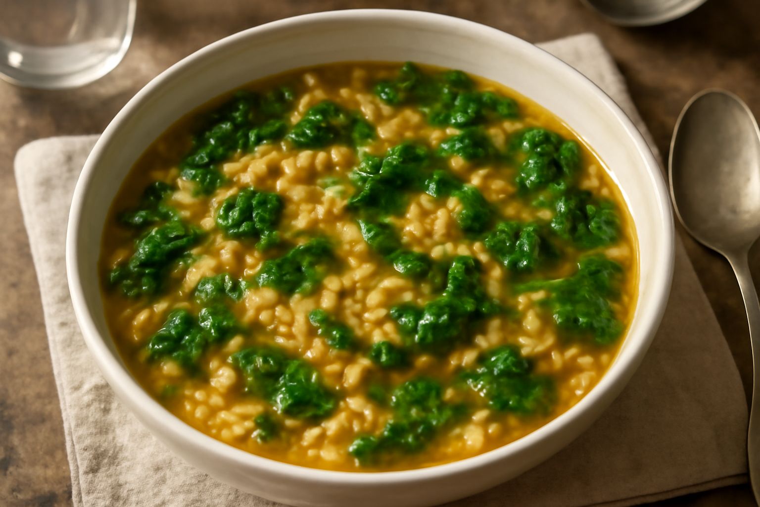 Ciotola di ceramica bianca con minestra fumante, chicchi di orzo visibili nel brodo, strisce di cavolo verde scuro galleggianti, gocce di olio sulla superficie, cucchiaio di legno poggiato sul bordo