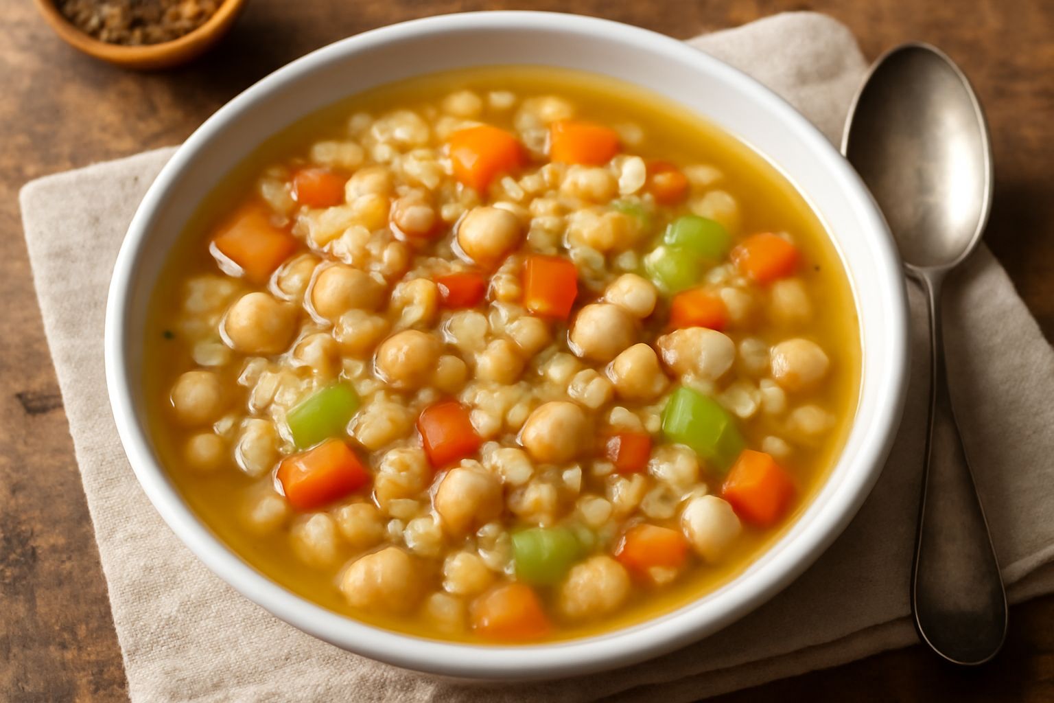 Una ciotola di ceramica bianca contiene minestra di orzo e ceci con brodo trasparente dorato, chicchi d'orzo visibili, ceci beige, carota tagliata a dadini arancione e sedano pallido. Superficie lisci