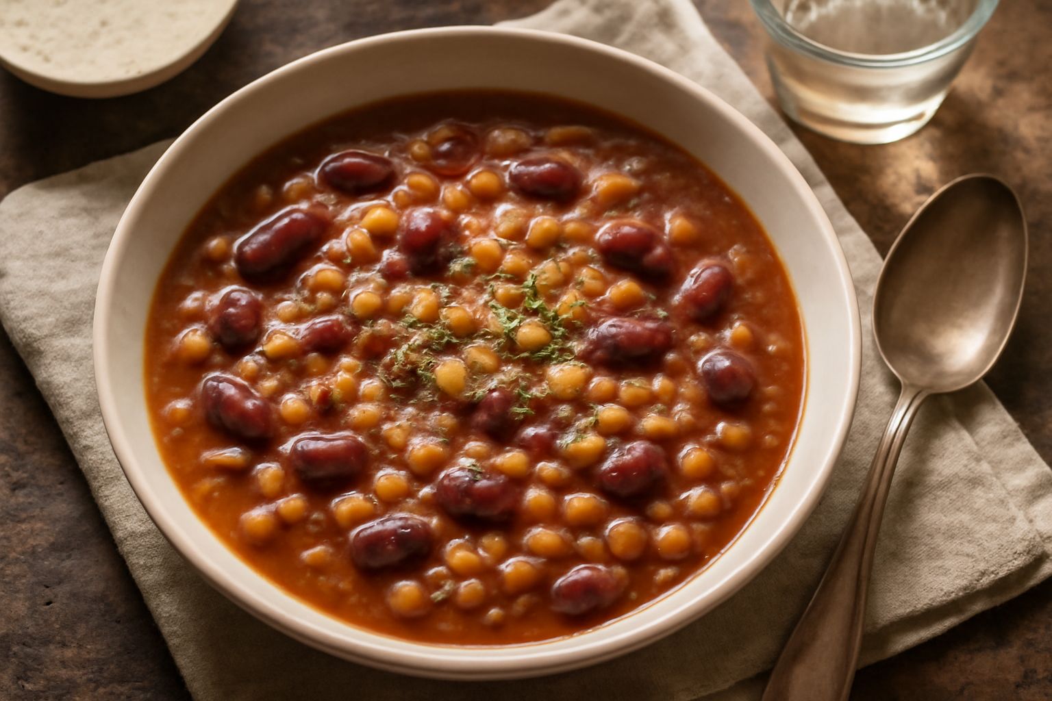 Minestra di orzo e fagioli servita in una ciotola bianca, con chicchi di orzo visibili nel brodo trasparente, fagioli bianchi e rossi ammorbiditi, filo di olio verde in superficie, pane tostato accant
