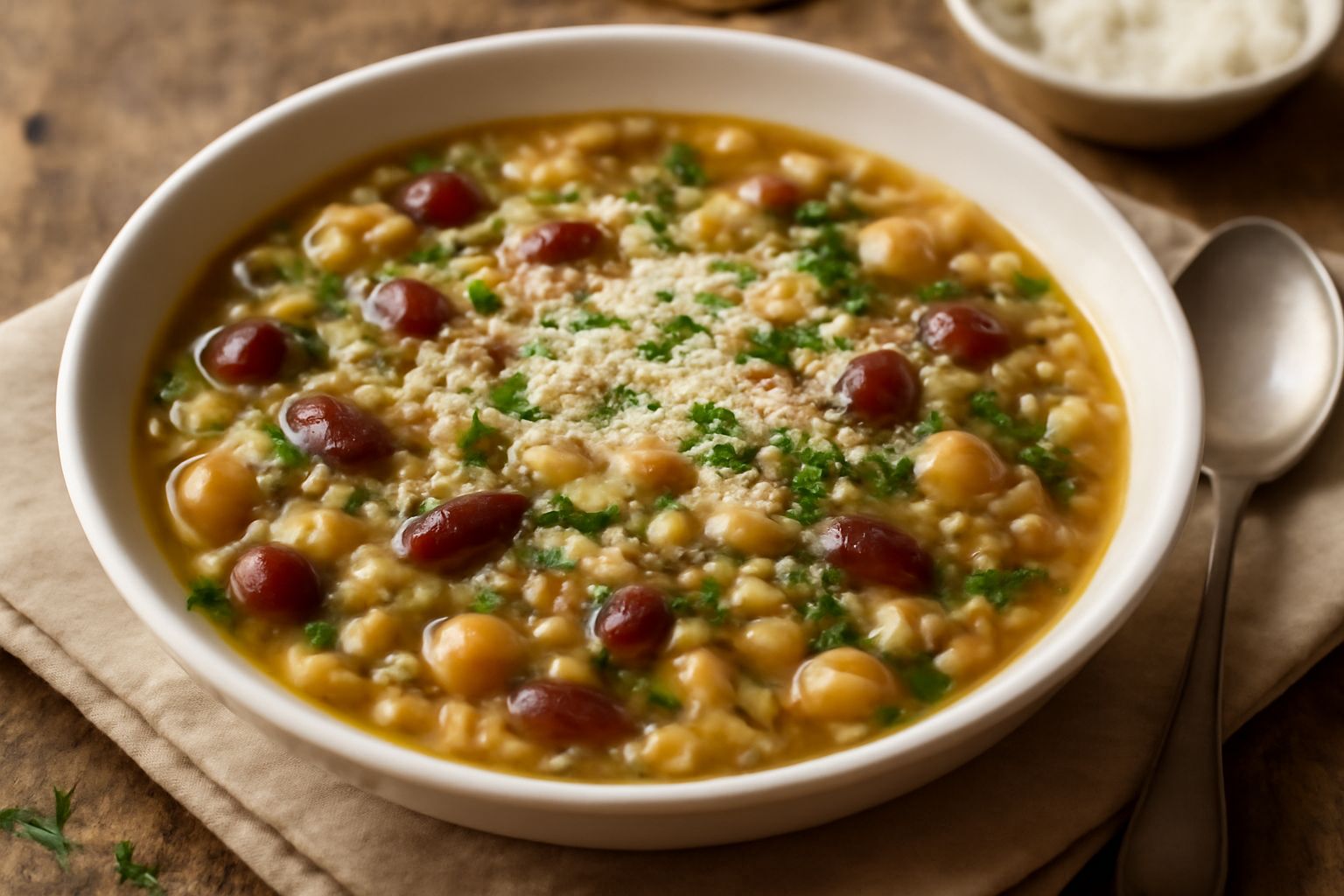 Ciotola di minestra di orzo e legumi in piatto fondo bianco: brodo dorato con chicchi di orzo trasparenti, fagioli rossi e ceci gialli, guarnita con prezzemolo verde fresco e filo di olio d'oliva, su 