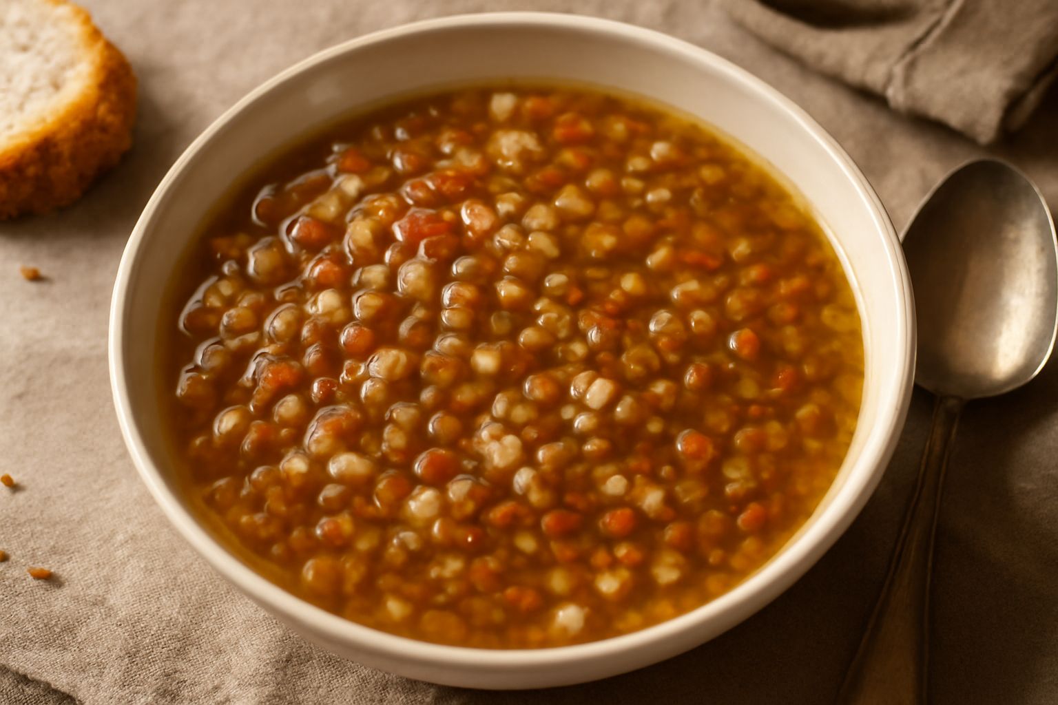 Scodella di minestra di orzo e lenticchie fumante, con chicchi d'orzo visibili e lenticchie rosse e brune in brodo leggero dorato, guarnita con prezzemolo fresco, su tavolo di legno scuro