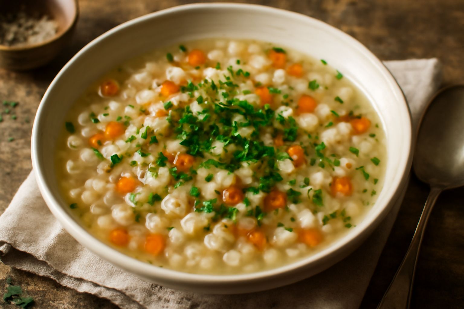 Ciotola di ceramica con minestra di orzo perlato: chicchi bianchi e traslucidi in brodo, pezzi di carota arancione e prezzemolo verde fresco in superficie, su sfondo di lino beige