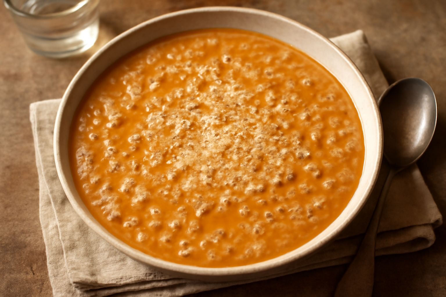 Una ciotola di ceramica bianca con minestra di orzotto cremosa di colore beige-dorato, con chicchi di orzo visibili, verdure soffritte, un filo di olio d'oliva in superficie e parmigiano grattugiato, 
