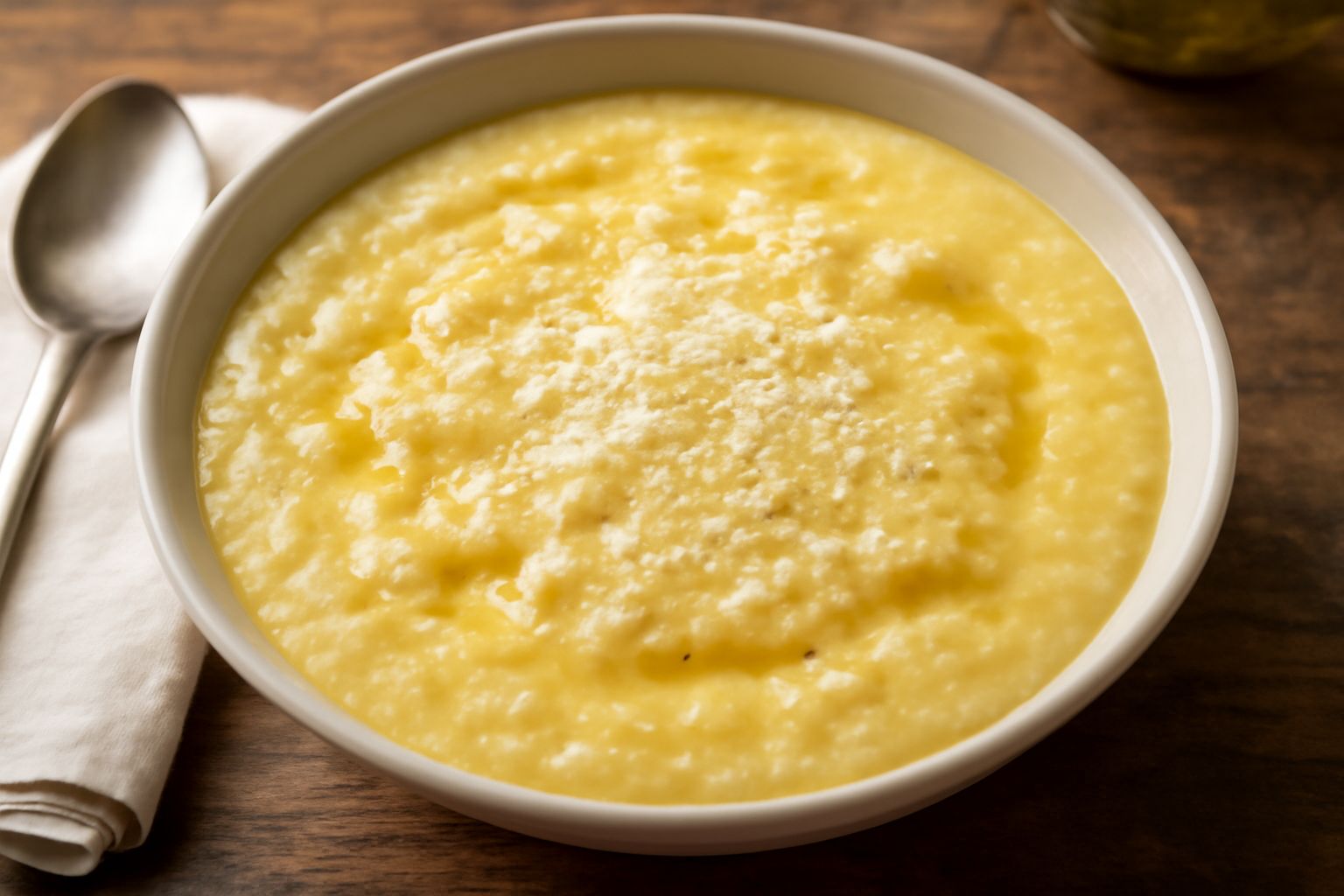 Ciotola bianca con minestra di pan grattato cremosa e giallognola, brodo trasparente, formaggio grattugiato sulla superficie, cucchiaio in acciaio, tavolo di legno chiaro