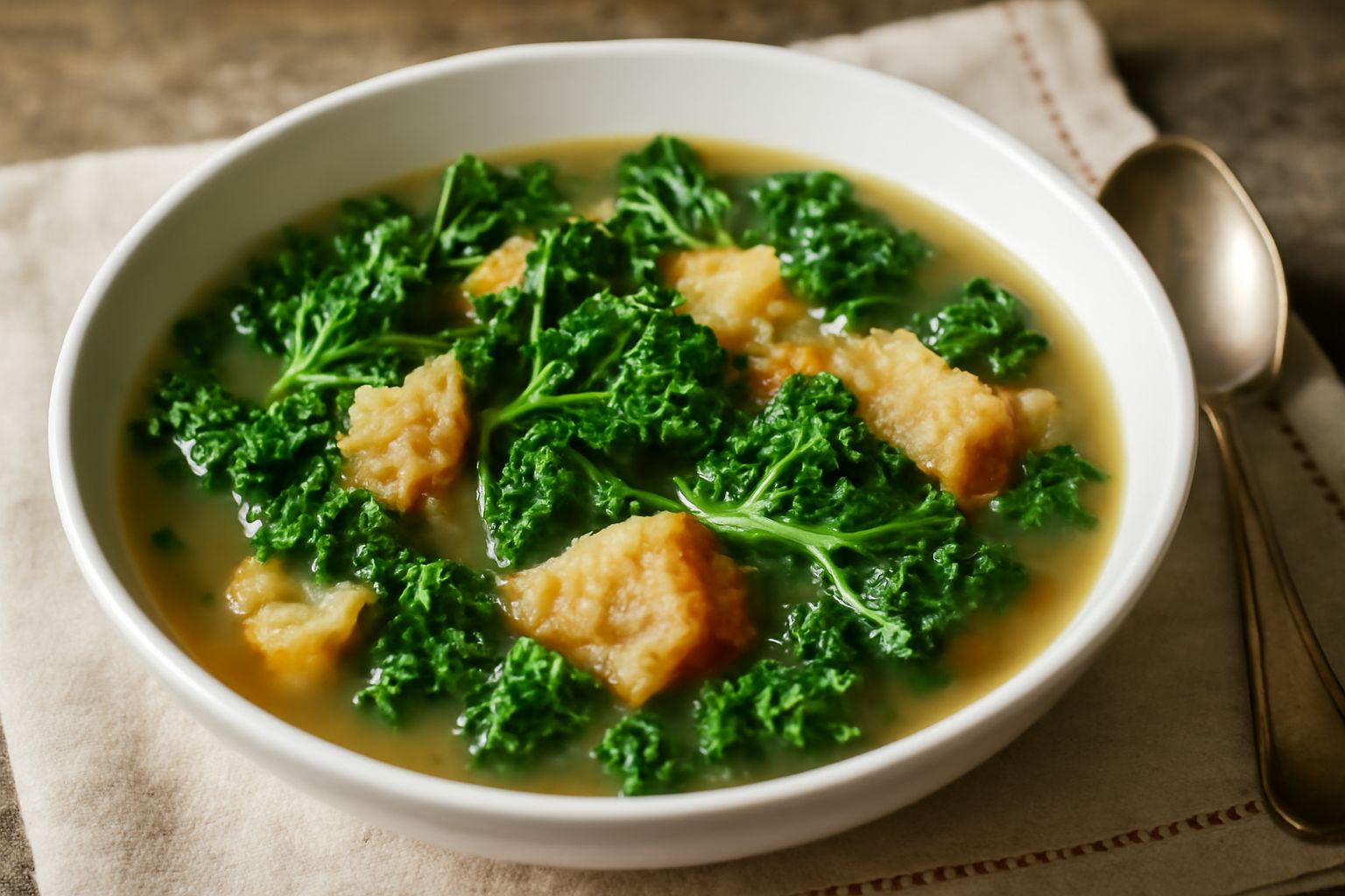 Minestra di pane e cavolo in ciotola di ceramica bianca, con cavolo verde visibile in brodo trasparente, fette di pane raffermo dorato che sporgono dalla superficie, gocce di olio d'oliva, cucchiaio i