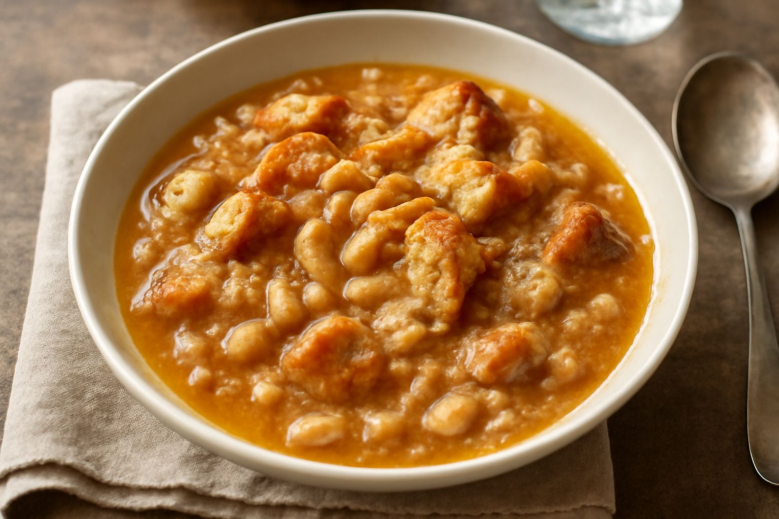 Una ciotola bianca con minestra di pane e fagioli, fagioli bianchi e marroni visibili nel brodo denso, pezzetti di pane tostato galleggianti sulla superficie, filo di olio verde oliva, basilico fresco